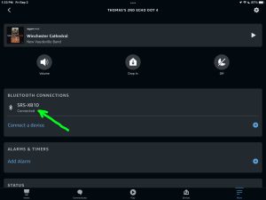Screenshot of the Sony XB10 connected to an Echo Dot 4 on the Device Settings page in the Alexa App on iPadOS.