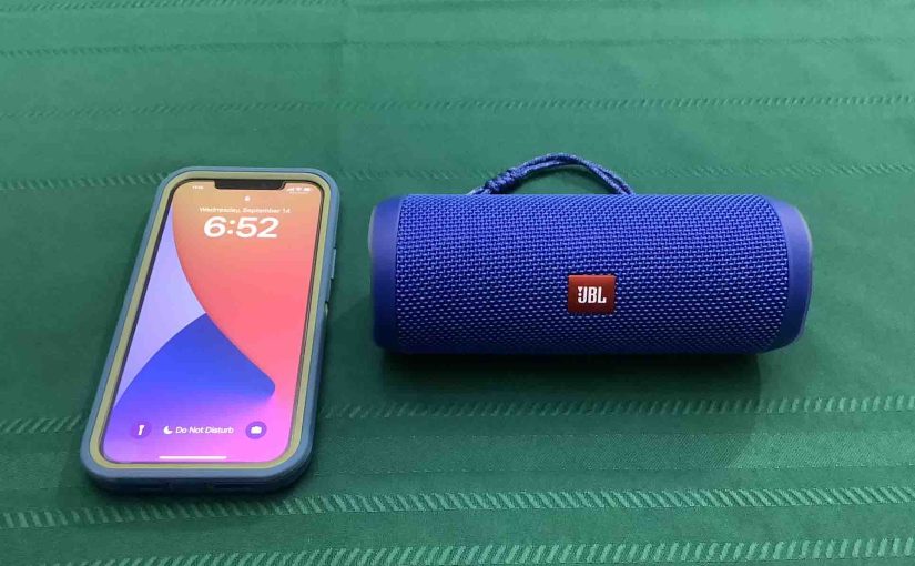 Picture of an iPhone beside the JBL Flip 4 speaker.