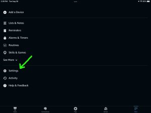 Screenshot of the -Settings- item on the Alexa app main menu.