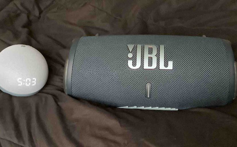 Picture of an Echo Dot 4 clock version with a JBL Xtreme 3 speaker.