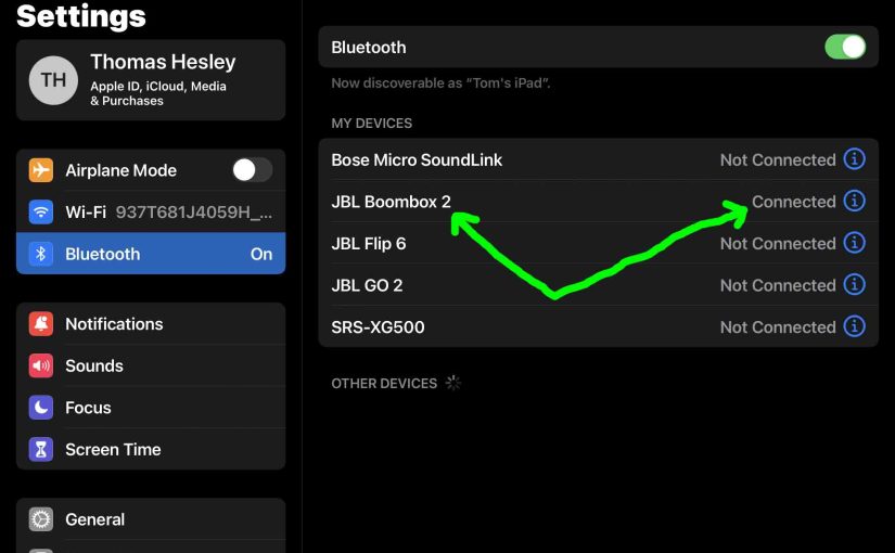 Screenshot of the iPadOS Bluetooth Settings page, showing the JBL Boombox 2 speaker as Connected.