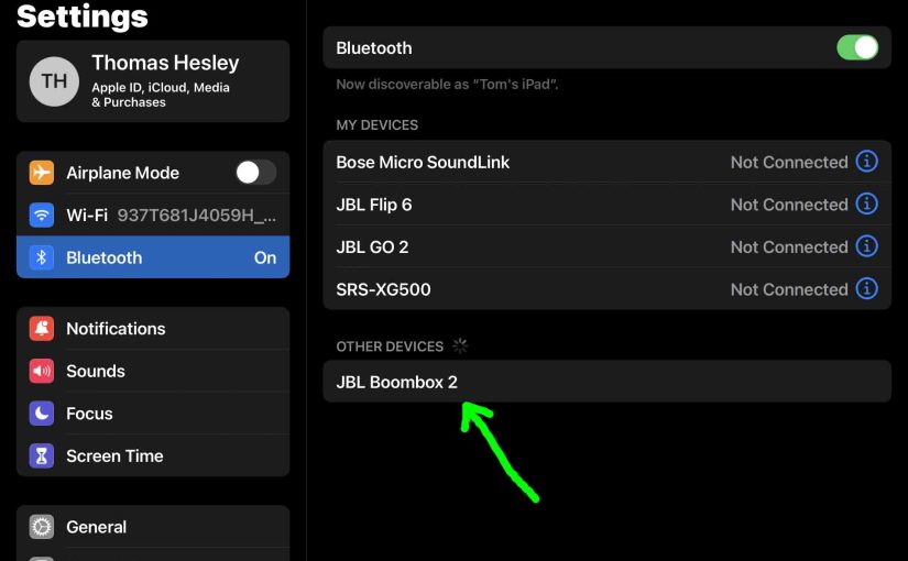 Picture of the iPadOS Bluetooth Settings page, showing the JBL Boombox 2 speaker as discovered.