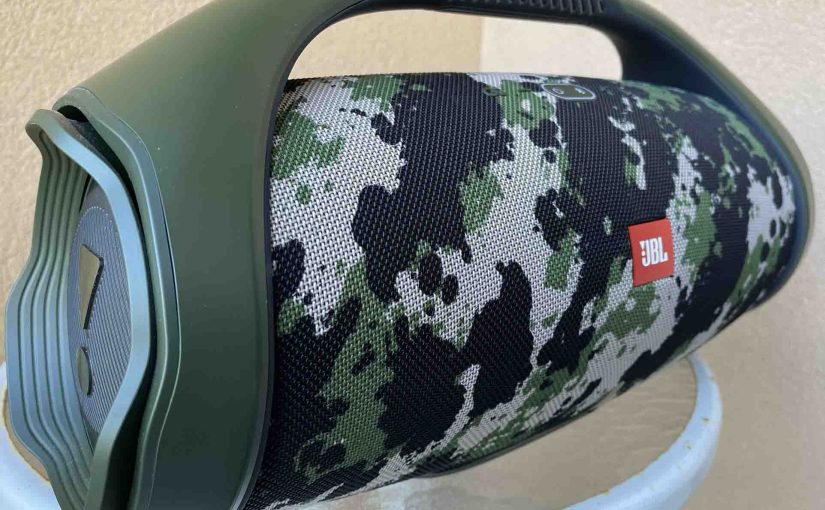 Picture of the front left angle of the JBL Boombox 2 Bluetooth speaker.