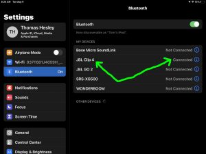 Screenshot of the iPadOS Bluetooth Settings page, showing the JBL Clip 4 speaker as Connected.