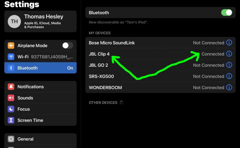 Screenshot of the iPadOS Bluetooth Settings page, showing the JBL Clip 4 speaker as Connected.