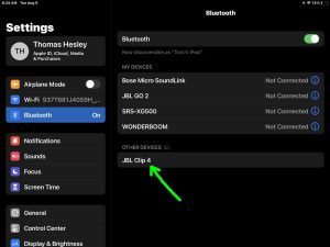 Screenshot of the iPadOS Bluetooth Settings page, showing the JBL Clip 4 speaker.
