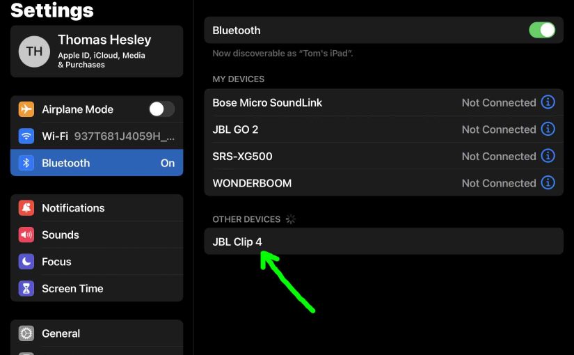 Screenshot of the iPadOS Bluetooth Settings page, showing the JBL Clip 4 speaker as discovered.