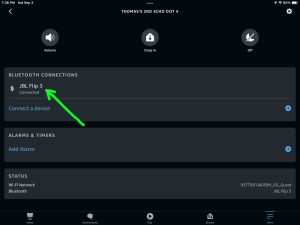 Screenshot of the JBL Flip 3 speaker connected to an Echo Dot 4 on the Device Settings page in the Alexa app on iPadOS.