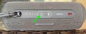Picture of the dark -Power- button on the speaker. JBL Flip 6 Hard Reset.