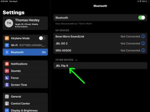 Screenshot of iPadOS Bluetooth Settings page, showing the JBL Flip 6 speaker as discovered.