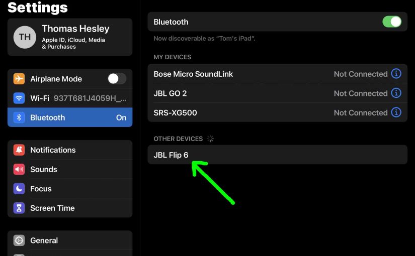 Screenshot of iPadOS Bluetooth Settings page, showing the JBL Flip 6 speaker as discovered.