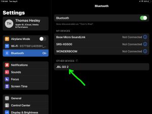 Picture of The iPadOS Bluetooth Settings page, showing the JBL Go 2 speaker as discovered.