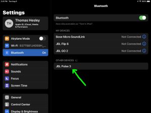 Picture of the iPadOS Bluetooth Settings page, showing the JBL Pulse 3 as discovered.