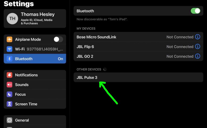 Screenshot of the iPadOS Bluetooth Settings page, showing the JBL Pulse 3 as discovered.