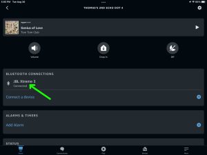 Picture of The JBL Xtreme 3 speaker connected to an Echo Dot 4 on the Device Settings page in the Alexa App on iPadOS.