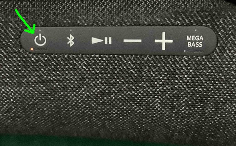 Picture of the -Power- button on the Sony SRS XG500 speaker.