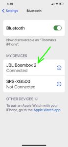 Picture of the Bluetooth Settings page on an iPhone, showing the JBL speaker as Connected.