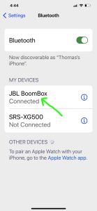 Picture of the Bluetooth Settings page on an iPhone, showing a JBL Boombox speaker as Connected.