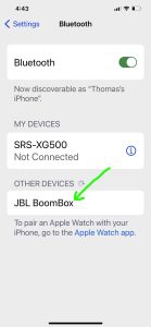 Picture of the Bluetooth Settings page on an iPhone, showing the JBL Boombox speaker as discovered.