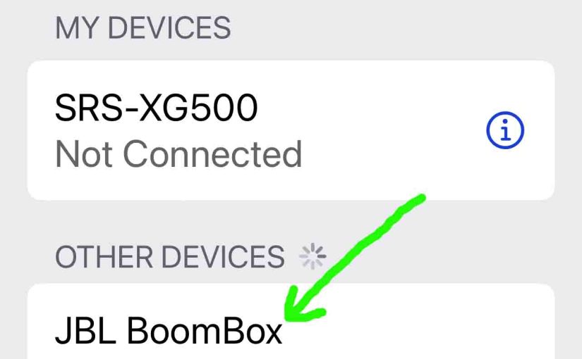 Picture of the Bluetooth Settings page on an iPhone, showing the JBL Boombox speaker as discovered.