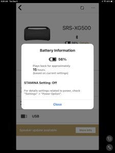 Screenshot of the Battery information window for the Sony SRS XG500 speaker as seen in the Music Center app on iPadOS.