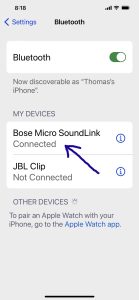 Screenshot of the iPhone Bluetooth page, showing the Bose SoundLink Micro as Connected.