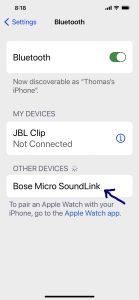 Screenshot of the iPhone Bluetooth page, showing the Bose SoundLink Micro as discovered but not connected.
