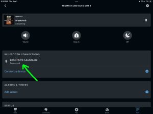 Screenshot of a Bose SoundLink Micro speaker connected to an Echo Dot 4 in the Alexa app on iPadOS.