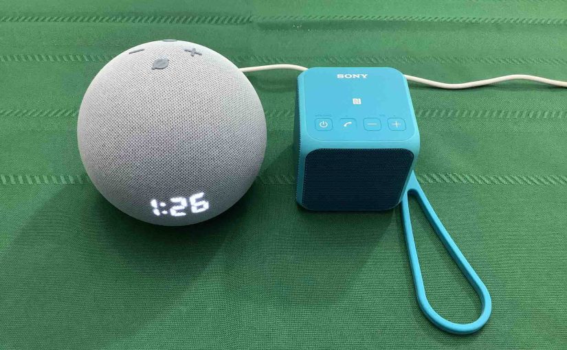 Picture of an Echo Dot 4 speaker clock alongside a Sony SRS X11 speaker.