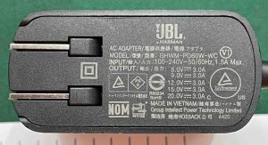 Picture of the JBL AC Adapter GHWM-PD60W0-WC, showing the imprinted specs side.