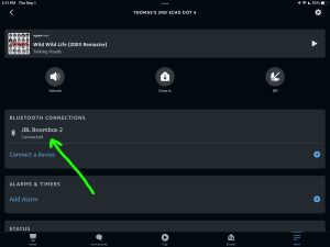 Screenshot of the JBL Boombox 2 speaker connected to an Echo Dot 4 on the Device Settings page in the Alexa App on iPadOS.