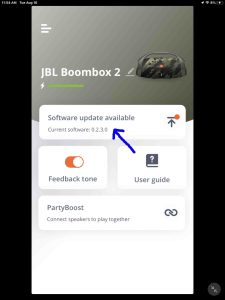 Screenshot of the firmware update available link for the JBL Boombox 2 speaker in the Portable app on iPadOS.
