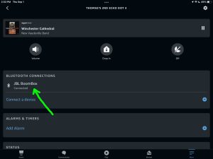 Screenshot of the JBL Boombox speaker connected to an Echo Dot 4 on the Device Settings page in the Alexa App on iPadOS.