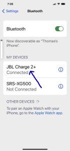 Screenshot of the JBL Charge 2 Plus speaker showing as Connected on an iPhone.