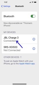 Screenshot of the JBL Charge 3 showing as Connected on an iPhone.