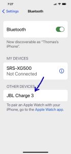 Picture of the JBL Charge 3 showing as Discovered on the iPhone.