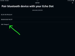Screenshot of the Pair Bluetooth Device page, showing the JBL Charge 5 speaker as discovered, in the Alexa app on iPadOS.