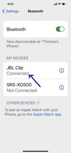 Screenshot of the JBL Clip speaker showing as Connected on an iPhone.