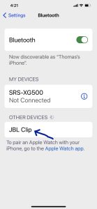 Screenshot of the JBL Clip speaker shows as Discovered on the iPhone.