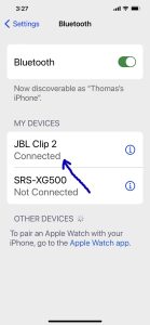 Screenshot of the JBL Clip 2 speaker showing as Connected on an iPhone.