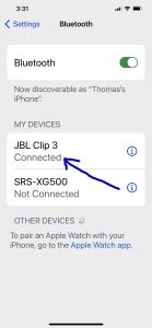 Screenshot of the JBL Clip 3 speaker showing as Connected on an iPhone.