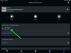 Screenshot of a JBL Clip 4 speaker connected to an Echo Dot 4 smart speaker in the Alexa app on iPadOS.