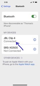 Screenshot of the JBL Clip 4 speaker showing as Connected on an iPhone.