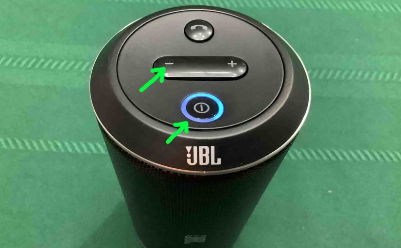 Picture of the top of the JBL Flip speaker, showing the Power and Volume DOWN buttons.