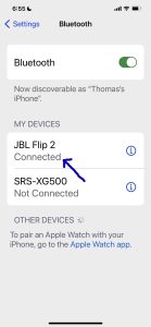 Screenshot of the JBL Flip 2 speaker showing as Connected on an iPhone.