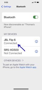 Screenshot of the JBL Bluetooth speaker showing as Connected on an iPhone. How to Connect 2 JBL Speakers to iPhone.