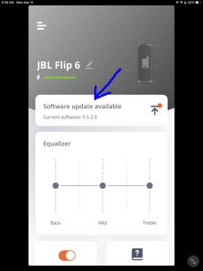 Screenshot of the firmware update available link for the JBL Flip 6 speaker in the Portable app.