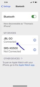 Screenshot of the JBL Go speaker showing as Connected on an iPhone.