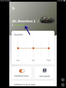 Screenshot of the JBL Boombox 2 battery indicator as displayed in the Portable app on an iPad Air.