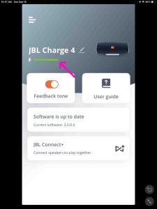 Screenshot of the JBL Charge 4 battery indicator as displayed in the Portable app on an iPad Air.